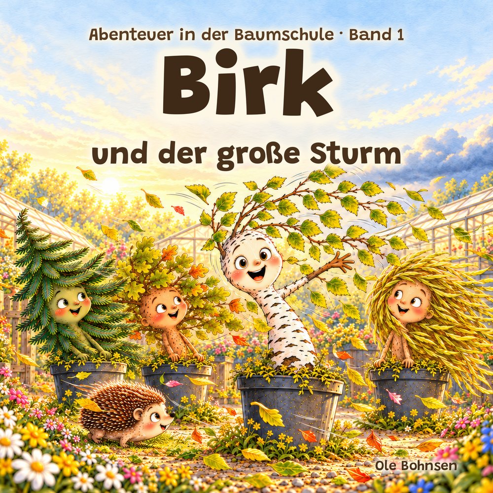 Buchcover: Birk und der große Sturm – Birk, die kleine Birke, mit seinen Freunden in der Baumschule